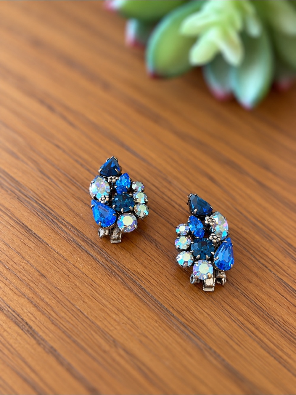 Vintage Made in Austria Blue Rhinestone Aurora Borealis Clip-on Earrings